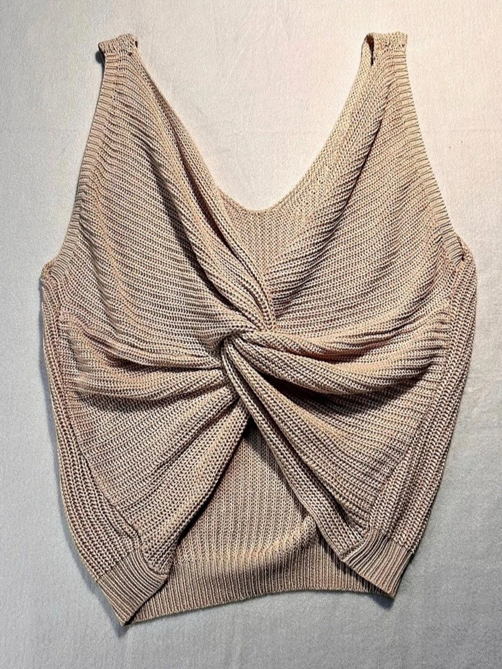 Beige Twist Front Knit Sweater Tank Top Size Large Boho Earthy Cozy